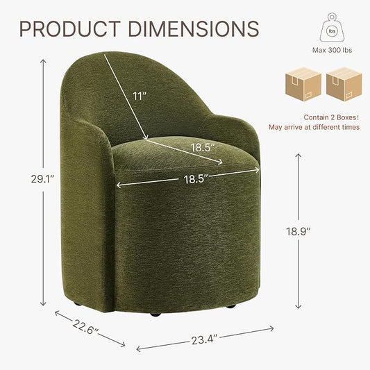 KISLOT Upholstered Dining Chairs with Casters, No Assembly Modern Dining Room Chairs Accent Vanity Chair with 5 Wheels & Round Backrest for Bedroom, Living Room, Dressing, Green Fabric, Set of 2