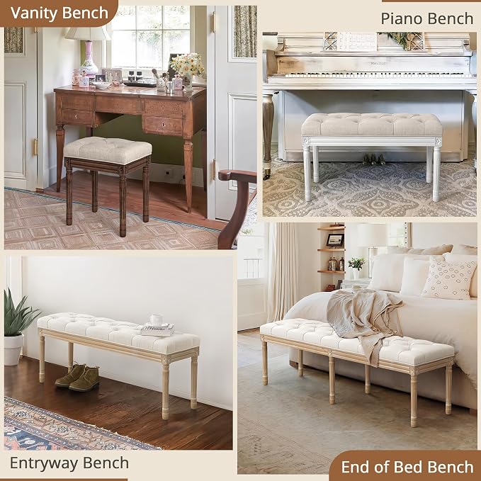 LUE BONA Upholstered Fabric Vanity Bench Seat, Makeup Stools for Vanity, Square Tufted Ottoman Bench with Carved Dark Brown Legs for Bedroom Living Room, Linen Color