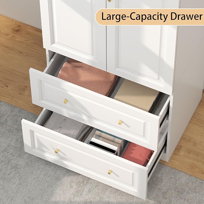 Bedroom Armoire Wardrobe Closet with Drawers: White Wardrobe Closet for Hanging Clothes, Large Wardrobes Storage Closets, Wood Closets Cabinets with Doors and Shelves (White, 31.5")
