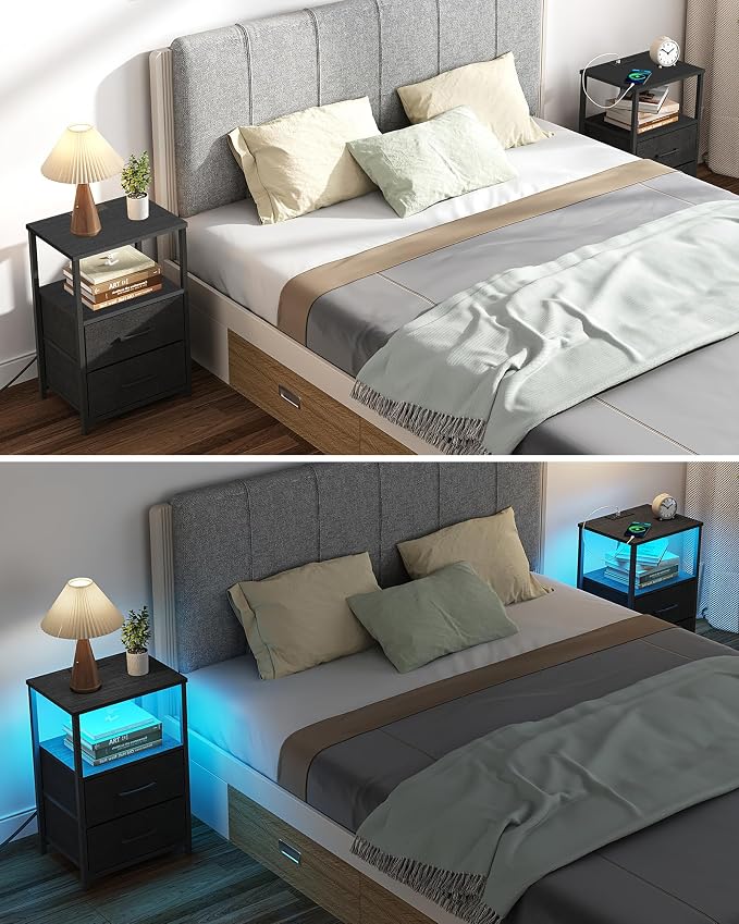 TUTOTAK LED End Table with Charging Station, Nightstand with Cloth Drawer, Side Table with 1 USB Port and 1 Type-C Port, Set of 2, Couch Table, Black TB01BK052L