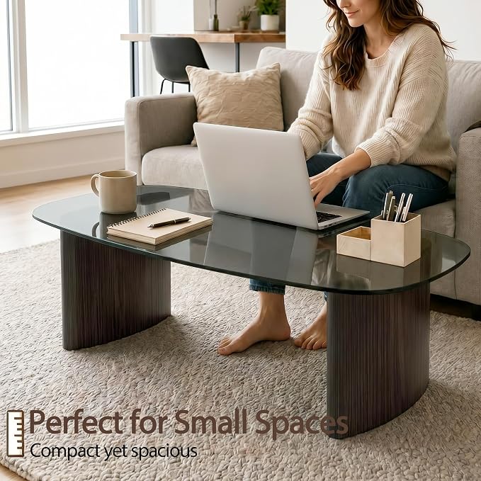 Modern Glass Coffee Table, Coffee Table for Living Room,Tempered Glass-top with Sturdy Wooden Base, Modern Coffee Tables for Small Space, Apartment, Office, Minimalist Design (Walnut)