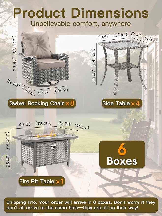 13-Piece Outdoor Conversation Set with 43" Fire Pit Table, 8 Swivel Rocking Chairs (4" Cushions) & 4 Side Tables, All-Weather PE Rattan & Steel Frame for Porch, Deck, Backyard, Beige