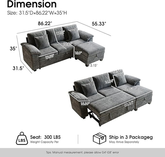 86" Modular Sectional Sleeper Sofa Bed, L Shaped 4 Seat Pull Out Couch with Storage Ottoman, Convertible Cloud Couch Bed, Sectional Couches for Living Room, Apartment (Gray)
