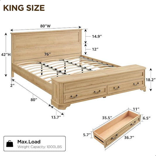 T4TREAM Farmhouse King Bed with Headboard and Storage Bench, Rustic Wood Platform Bed with 80" Storage Chest w/ 4 Large Drawer (Natrual Oak)