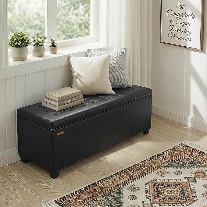 ABHENG Synthetic leather Storage ottoman bench with legs,43.5”W x 15.7”D x 15.7”H,metal frame end of bed bench hold up to 770 LB,Large Storage Chest hold up to 770 LB,Black UASND622B