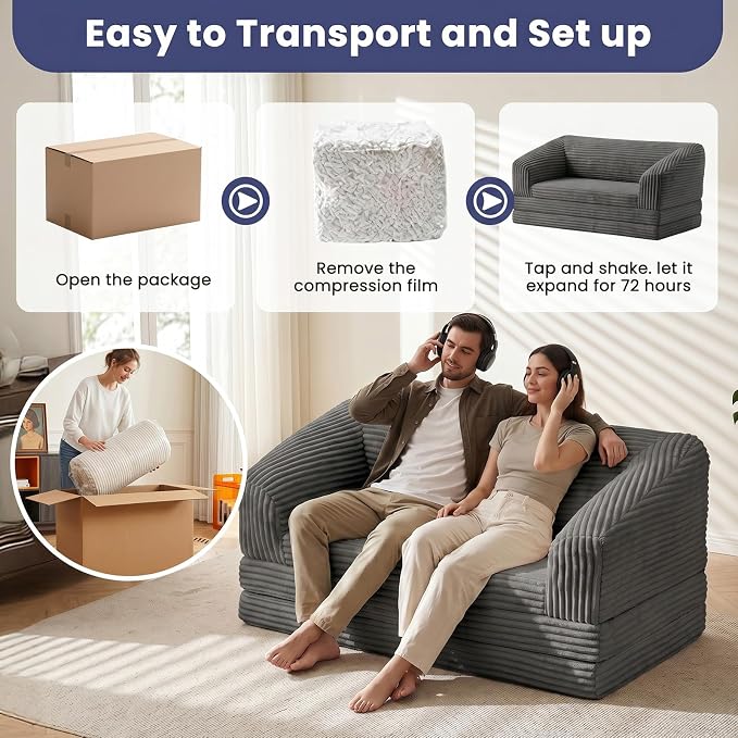 JUIKURY Convertible Sofa Bed, 3-in-1 Foldable Loveseat Couch with Armrest, Corduroy Floor Sofa & Sleeper Bed, No Assembly High-Density Foam Futon Mattress for Living Room, Small Apartment, Dorm