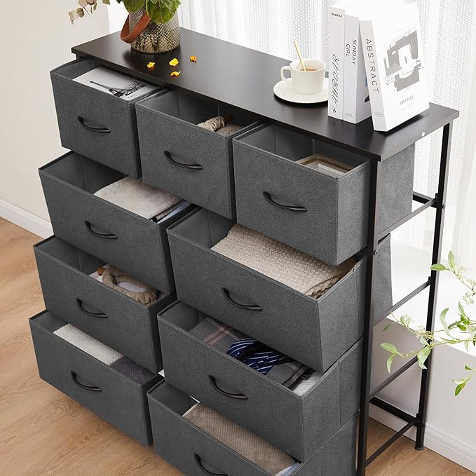 DUMOS Dresser for Bedroom, 9 Fabric Storage Tower Unit Dresser Organizer | Wood Top Table Furniture, Chest of Drawers for Closet, Living Room, Hallway, Grey