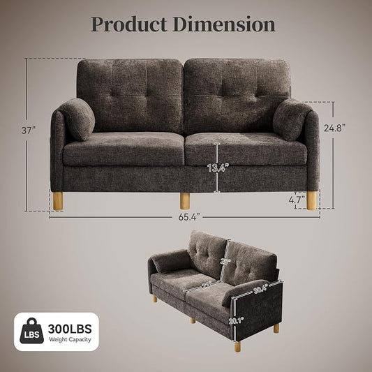 65" Loveseat Sofa, Mid Century Loveseat Couch for Living Room with Storage Pockets, Upholstered Small Loveseat for Small Spaces, Bedroom, Home Office, Apartments, Small Sofa Chenille Brown