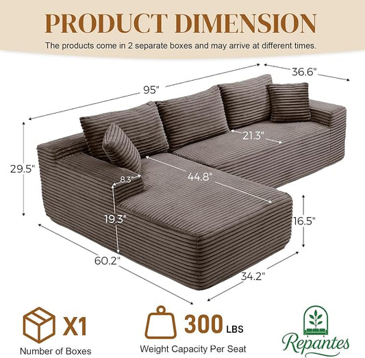 95" L Shaped Boneless Sectional Couches, Wide Armrest, Deep Seat, Memory Foam, Assembly Free, Modern Comfy Corduroy Fluffy Cloud Sofa with Left Chaise for Living Room, Small Spaces, Brown