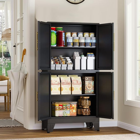 GAIOUS 47.25" Metal Storage Cabinet, Black Kitchen Food Storage with 4 Door and 2 Adjustable Shelves, Freestanding Bathroom Cabinet, Pantry for Kitchen Dinning Room, Cupboard