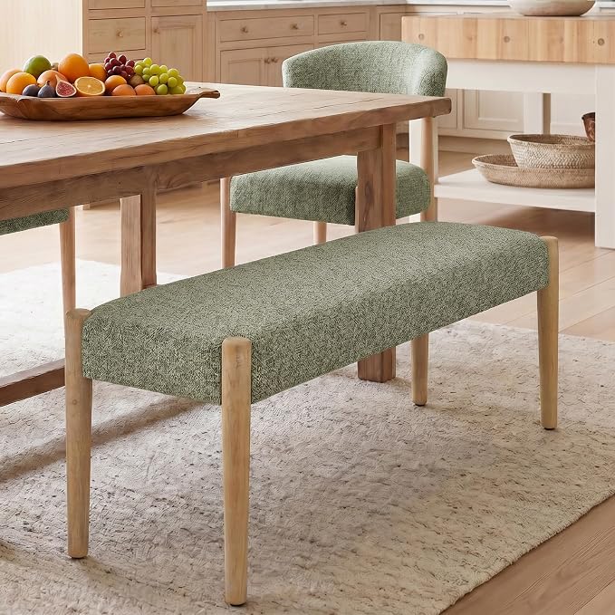 Usaint 42" End of Bed Bench, Modern Upholstered Bedroom Bench with Rubberwood Legs, Entryway Bench with Cushion, Dining Bench for Living Room, Bedroom, Green with Oak Leg