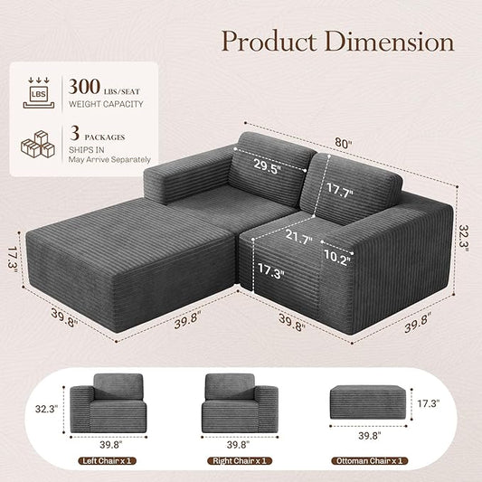 Vesgantti 80" Modular Sectional Sofa, Corduroy Cloud Couch with Deep Seats & Spring Support, Compact 2 Seater Boneless Couch, L-Shaped Modular Sofa for Small Spaces, Apartments, No Assembly, Grey