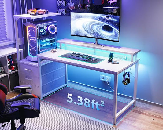 AODK 52 Inch Gaming Desk with USB Charging Ports & LED Light- Reversible Computer Desk with Storage Shelves & Monitor Stand, Modern Gamer Desk Table with Fabric Drawers, White