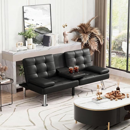 Homall Futon Sofa Bed, Leather Futon Couch with Removable Armrests, Adjustable Recliner Sleeper Sofa Bed with Dual Cup Holders for Living Room, Apartment, Office (Black)