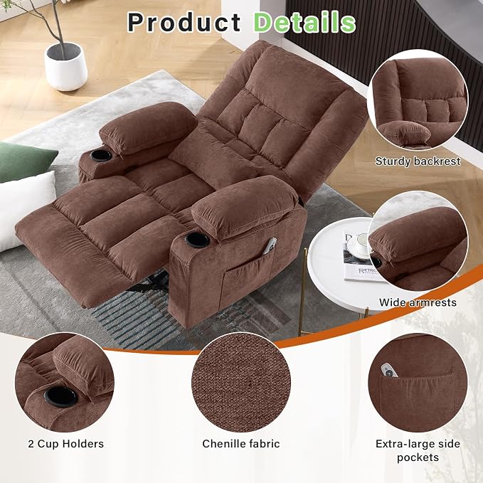 BOSMILLER 360° Swivel Rocker Recliner Chair for Adults,Oversized Recliner Chair with Massage and Heating, Manual Nursery Glider Recliner with Cup Holder and Side Pocket for Living Room, Bedroom