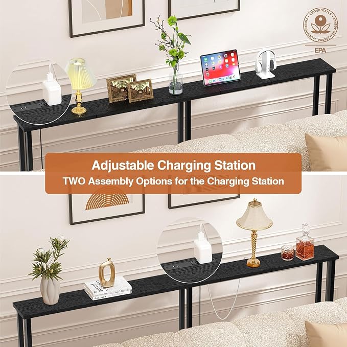 Keelian 70" Narrow Console Sofa Table with Power Outlets & 2 USB Ports, Metal Frame, Black, Perfect for Hallway, Office, and Behind Sofa - Easy Assembly, 4.9' Extension Cord Included