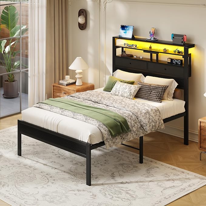 Sweetcrispy Bed Frame Twin Size with LED Lights and Charging Station, Sturdy Platform Beds Frame with Storage Drawers, 3-Tier Shelves and Under Bed Storage, No Box Spring Needed, Black