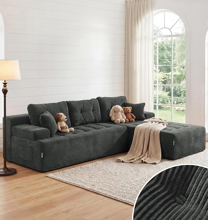 Hobestluk Modular Sectional Sofa Couches L-Shape Couch 3 Seat Modular Sofa Memory Foam Sectional Couches for Living Room, Cloud Couch (Charcoal Corduroy, 108", Right Hand Facing)