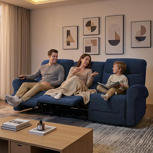 MCombo 87.8" Wall Hugger Power Reclining Sofa, 3-Seat Triple Recliner Couch with USB Ports, Rolled Arm Space Saving Recliner Sofa for Living Rooms Apartments RV, Fabric PR635M5 (Navy Blue)