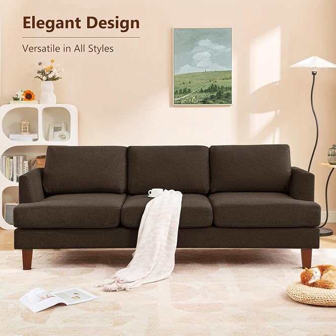 Busaurus 3 Seater Sofa Couch with Deep Seats, 89" Mid Century Modern Upholstered Sofa with Armrests, Comfy Couches for Living Room, Bedroom and Office, Linen Fabric Apartment Couch (Linen Brown)