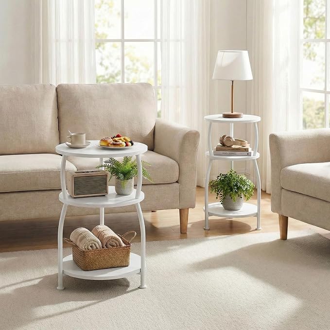 Round Side Table, 3-Tier End Table with Storage Shelf, 15.7" Wide Nightstand for Small Spaces, Tall Sofa Table Capable of Holding Laptops & Lamps, Bedside Table for Bedroom & Living Room, White