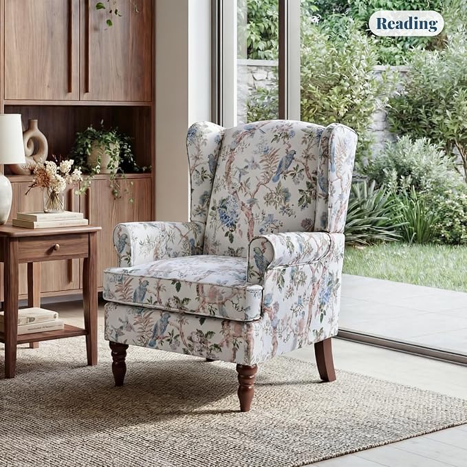 EROMMY Floral Accent Chair, Comfortable High Back Upholstered Armchair with Solid Wood Legs, Leisure Single Sofa Chair for Living Room, Bedroom, Home Office, Light Blue Floral&Bird