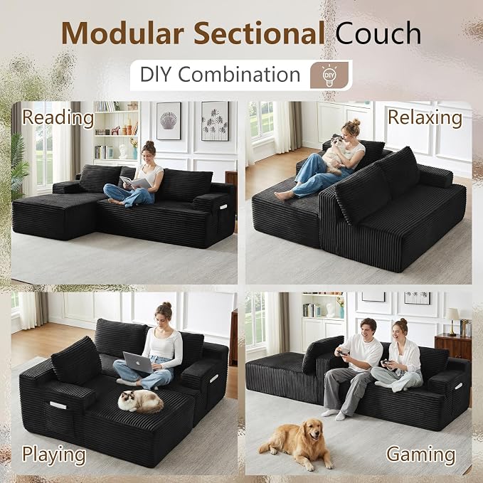 96" Cloud Sectional Couch with L-Shape Chaise, Modular Comfy Sofa Chaise Longue, Upholstered Corduroy Couches Sleeper with Deep Seat for Living Room Bedroom, No Assembly Required(Black, Left Facing)