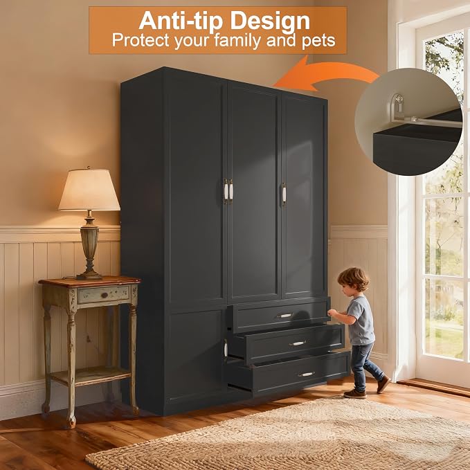 72" Armoire Wardrobe Closet with 3 Door Wooden Bedroom Armoire with LED Light 3 Drawers Large Modern Wardrobe Cabinet with Retro Ceramic Door Handles and Removable Hanging Rod Black