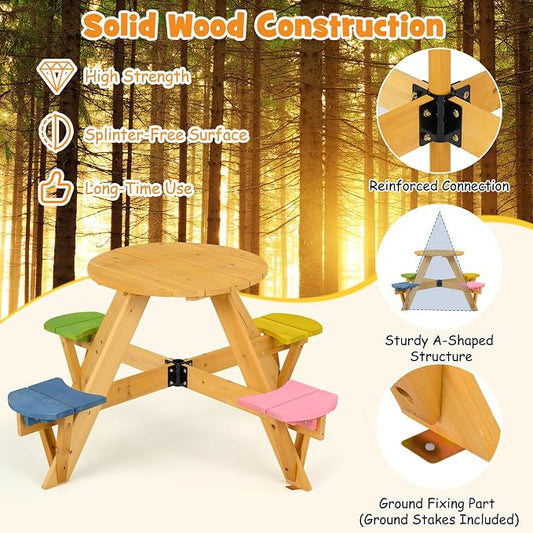 Costzon Kids Picnic Table, 4-Person Wooden Toddler Outdoor Table & Stool Set with Adjustable Umbrella, Wooden Kids Outdoor Furniture for Patio Backyard Lawn Garden