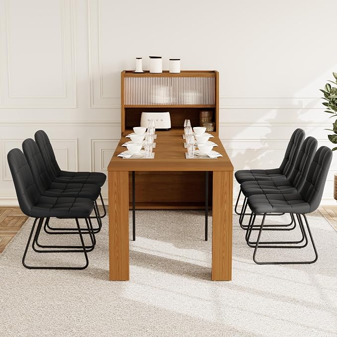 HIPIHOM Dining Table Set for 6, Extendable 86.6" with Storage | Space-saving MDF Kitchen Table with 6 Upholstered U-shaped Black Chairs, Ideal for Apartment, Living Room