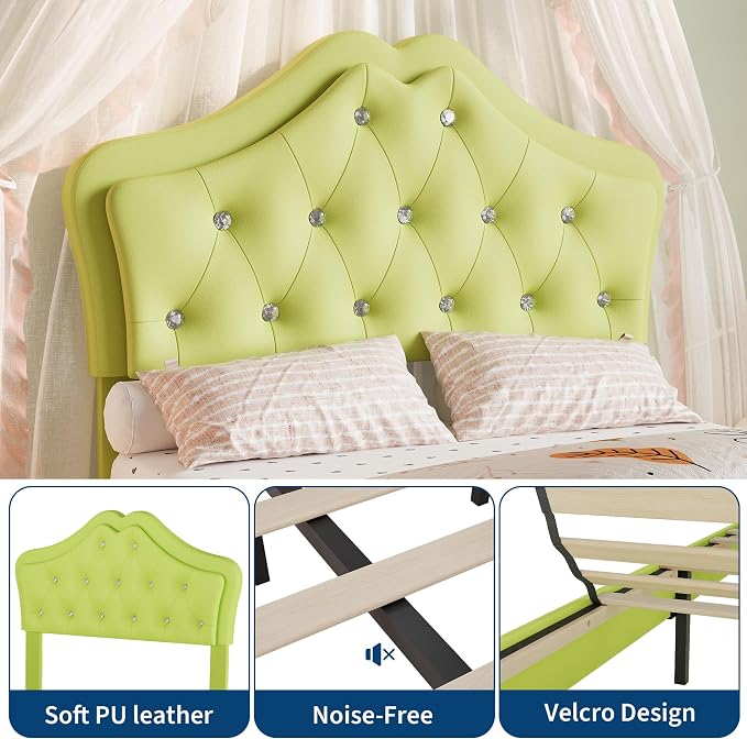 Twin Size Bed Frame for Girls with Storage Drawers & LED Lights, Upholstered Platform Bed, Velvet Crystal Button Princess Bed, Noise-Free Slats, No Box Spring Needed for Kids, Teens, Avocado Green
