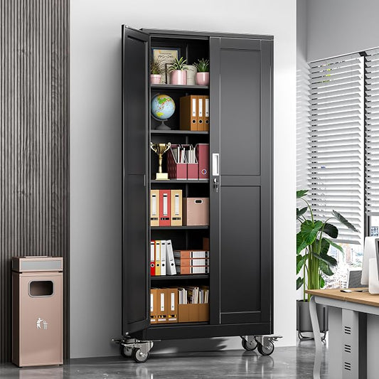 Metal Garage Storage Cabinet, 75”Tall Rolling Utility Cabinet Black | storage system with Wheels, Lock, 5 Adjustable Shelves, Heavy Duty Steel Tool Locker for Home Office, Utility Room, Gym