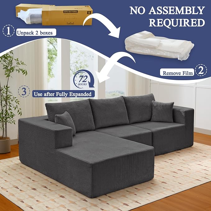 Modular Sectional Sofa for Living Room, 108" Cloud Couch Sectional with L-Shape Chaise, Modern Upholstered Corduroy Boneless Couch with Memory Foam Deep Seat, No Assembly Required (Grey)