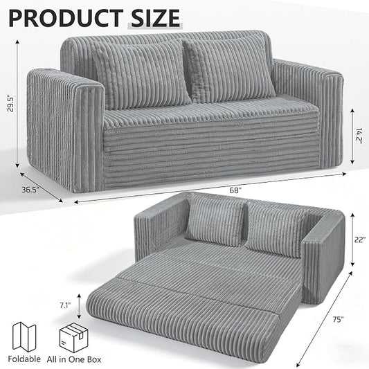HABUTWAY 68" Loveseat Boneless Couch, 4-in-1 Convertible Sofa Bed, Plush Fur Folding Futon Sofa Bed Couches with 2 Pillows for Living Room, High-Density Foam Support, No Assembly Required, Light Grey