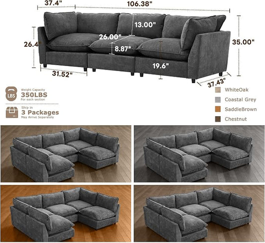 Iroomy Modular Sectional Sofa, Oversized Chenille Cloud Couch, Deep Comfy Seat, 3-Seater Sofas Couches for Living Room, Dark Grey, High Feet