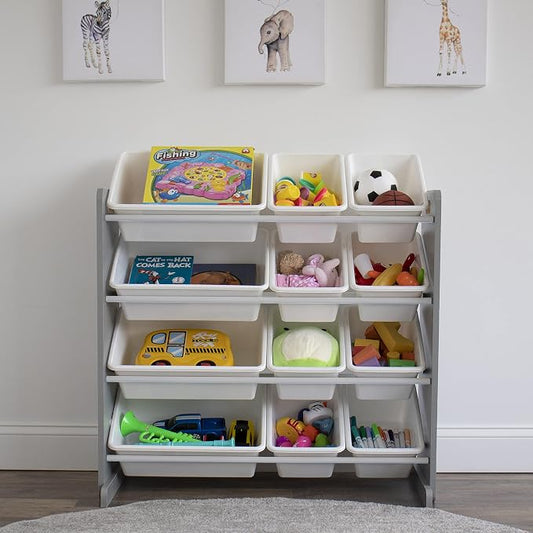 Humble Crew Toy Storage Organizer with 12 Removable Storage Bins for Kids Playroom, 4-Tier Toddler Toy Organization, Grey/White