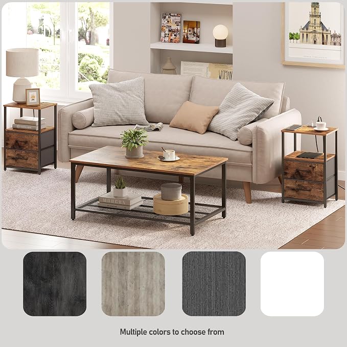 TUTOTAK LED End Table with Charging Station, Night Stand, Side Table with 2 USB Ports and Outlets, Nightstand with Cloth Drawer, Bedside Table for Livingroom, Bedroom Brown TB01BB088L