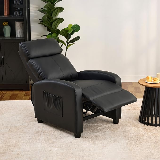 Leather Recliner Chair for Living Room, Modern Adjustable Home Theater Seating Single Sofa with Adjustable Backrest & Padded Armrests, Manual Push Back Armchair for Small Spaces,Black
