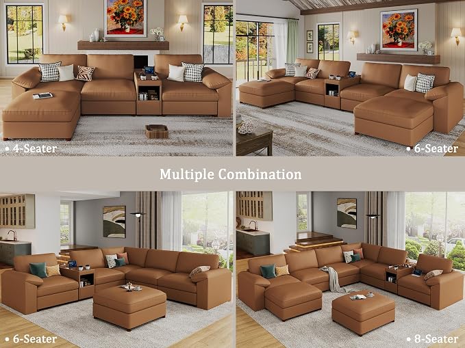 EASE MOOSE Leather Sectional Couch with Console, Oversized Modular Sectional Sofas, Wide Deep Seat Modular Couch, Scratch Resistant Faux Leather Material, U Shaped Sofa for Big Spaces,Brown