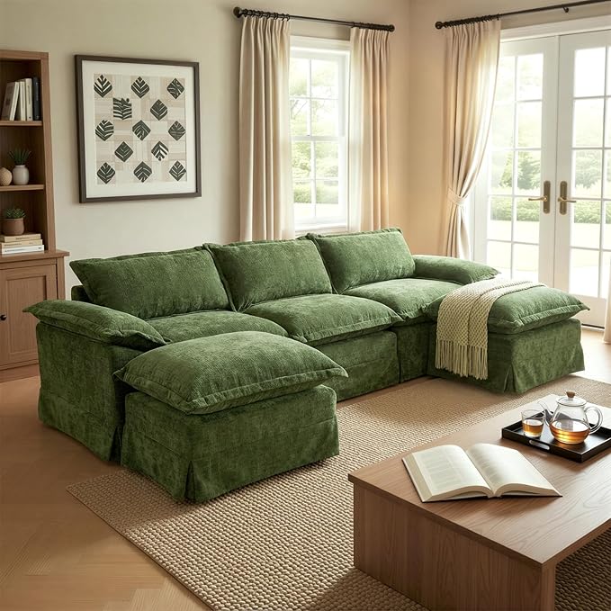 Claiks 123" Modular Boneless Couch, U Shaped Couch for Living Room, Modern Deep Seat Sofa 3 Seater Chenille Fabric Comfy Cloud Couches with Movable Ottoman, Dark Green