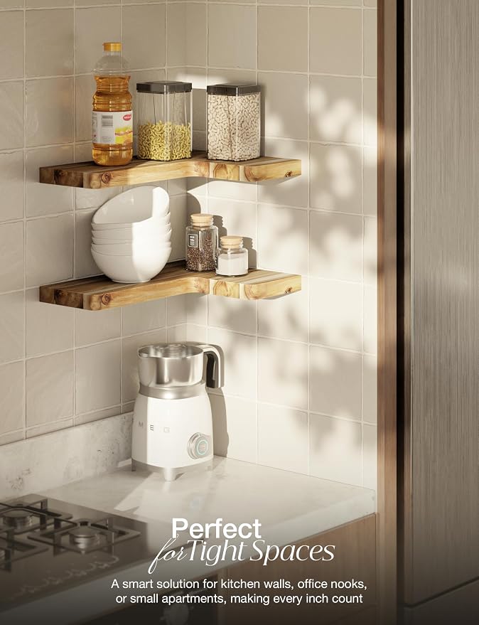 BATODA Acacia Corner Floating Shelves 17“x12”, Wall Shelves - Floating Book Shelves for Wall, Corner Bookshelf for Home Decor - Wooden Shelves with Bracket and Hardware, Boho Decor (Natural Color)