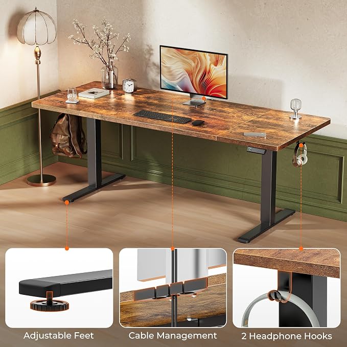 Huuger 71 x 30 Large Electric Standing Desk, Height Adjustable Computer Desk, 29.5" Deep Desktop, Stand up Gaming Office Table with 2 Hooks, 3 Preset Heights, for Home Office, Rustic Brown