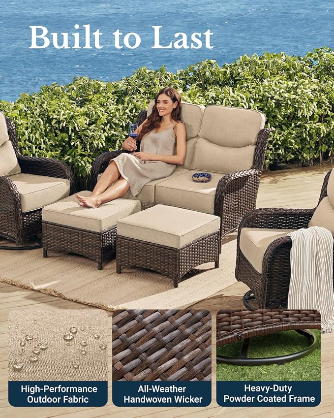 HILLGA Luxury Outdoor Furniture High Back Patio Sofa, Oversized Loveseat with 6'' Thick Cushions, Ideal for Porch, Poolside, Deck, and Yard (Beige)