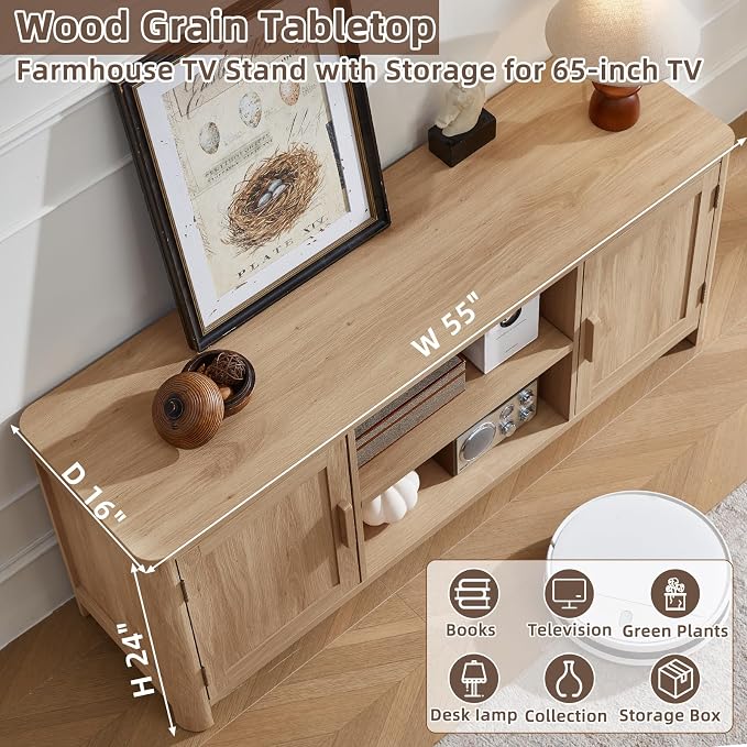 Joaxswe Farmhouse 55" Entertainment Center, Natural Oak Tv Stand with Adjustable Shelves & 2 Door Storage,Wood Media Console Cabinet for TVs Up to 65 inches, Rustic Tv Stands for Living Room,Bedroom