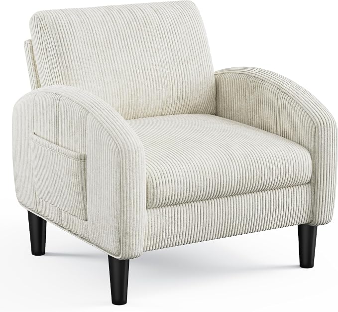 Homkdom Accent Chair for Living Room,Mid Century Modern Reading Chair with 2 Side Pockets,Upholstered Armchair for Apartment,Small Room,Beige