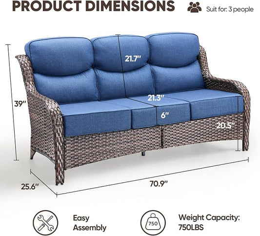 Luxury Patio Sofa 3-Seat Wicker Couch with 6" Thick Cushion - Outdoor Furniture Rattan Sofa with Deep Seating High Back Outdoor Sofa for Patio Garden Balcony Sunroom Backyard, Brown | Blue