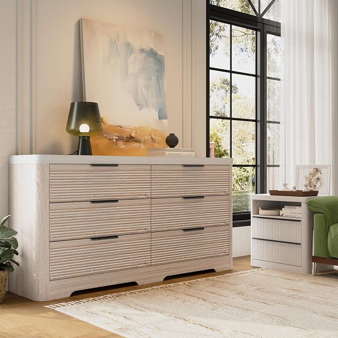 FUSUNBAO Fluted 6 Drawer Dresser, Modern Wood Dresser for Bedroom,TV Stand,Thickened Curved Profile Design,Bedroom,Entryway,Wood Drawer Organizer(Natural Oak)