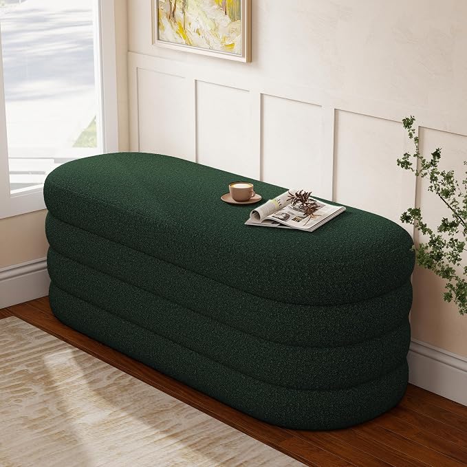 Busaurus Storage Ottoman Bench 49.2 Inch Upholstered Fabric Storage Bench for Bedroom End of Bed Aesthetic Large Oval Ottoman for Living Room(Dark Green)