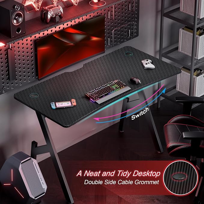HLDIRECT 47 Inch Gaming Desk, Large Computer Gaming Desk Table with Cable Management, Ergonomic Carbon Fiber Gamer Table Pc Work Home Office Desks with Cup Holder & Headphone Hook & Mouse Pad, Black