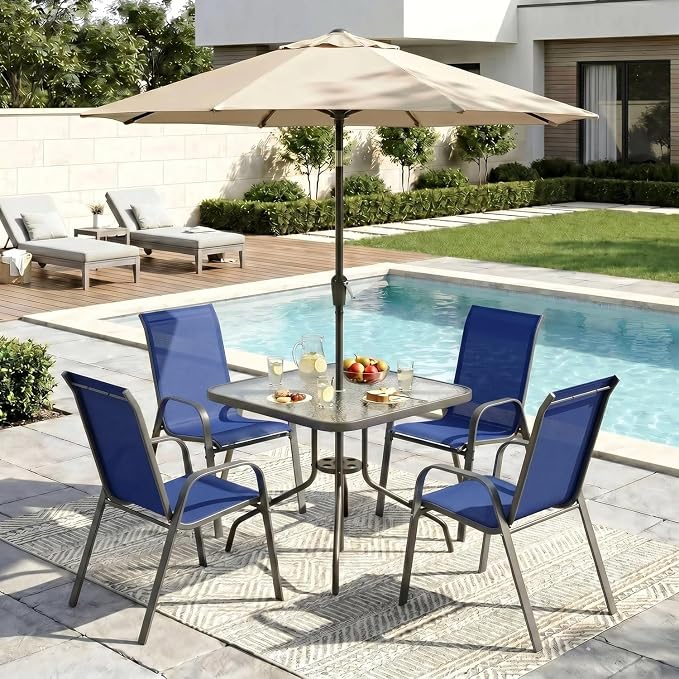 Arlopu 5 Piece Outdoor Patio Dining Set (Umbrella not Included), Porch Furniture with 4 Textline Chairs, 1 Square Glass Table for Garden, Backyard and Poolside, Lawn (Navy Blue)